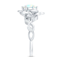 Two-carat natural Ethiopian opal flower engagement ring with diamond accents from Rosec Jewels, showcasing colorful gemstone and elegant design.