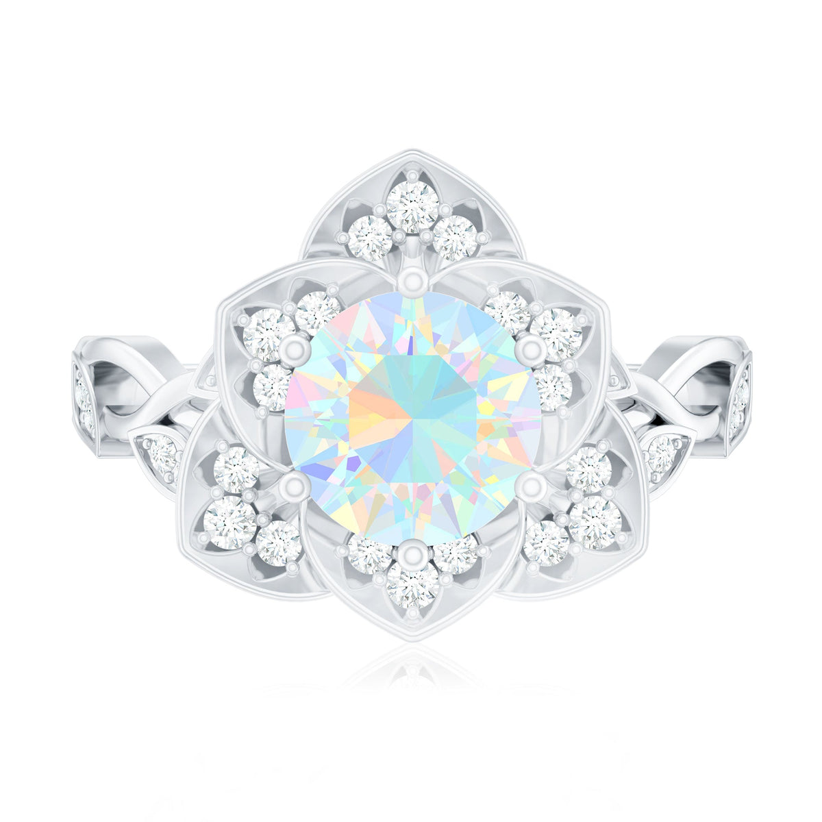Natural Ethiopian opal flower engagement ring with diamonds, featuring a 2-carat center stone and intricate floral design.