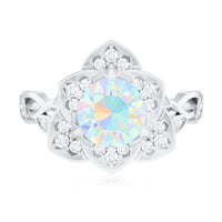 Natural Ethiopian opal flower engagement ring with diamonds, featuring a 2-carat center stone and intricate floral design.