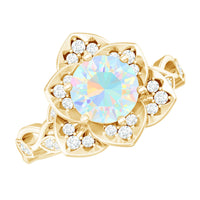 Two-carat natural Ethiopian opal flower engagement ring with diamond accents, showcasing a delicate floral design and sparkling gemstone.