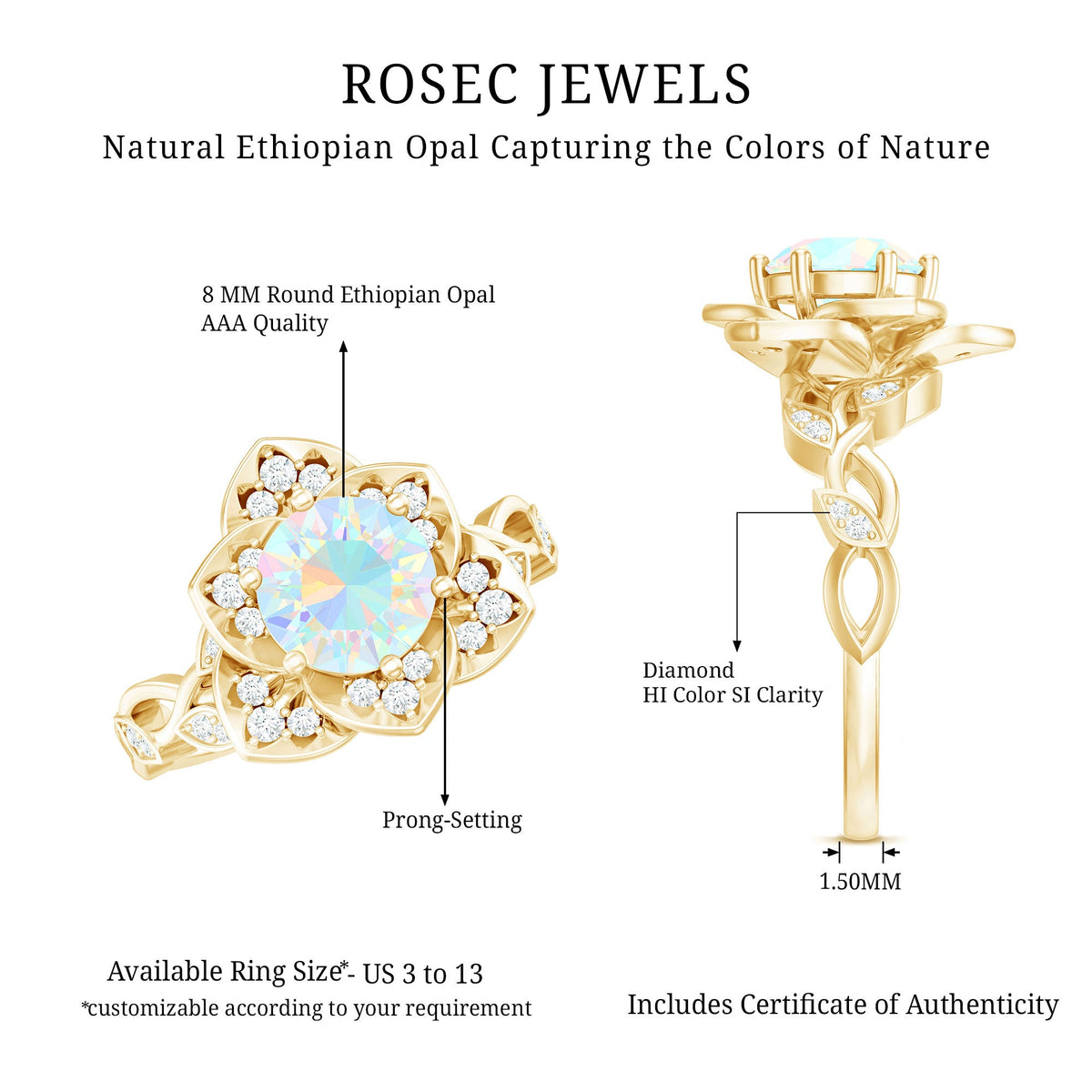 Natural Ethiopian opal flower engagement ring with diamonds, set in a Rosec Jewels ring showcasing vibrant colors and intricate design.