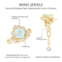 Natural Ethiopian opal flower engagement ring with diamonds, set in a Rosec Jewels ring showcasing vibrant colors and intricate design.