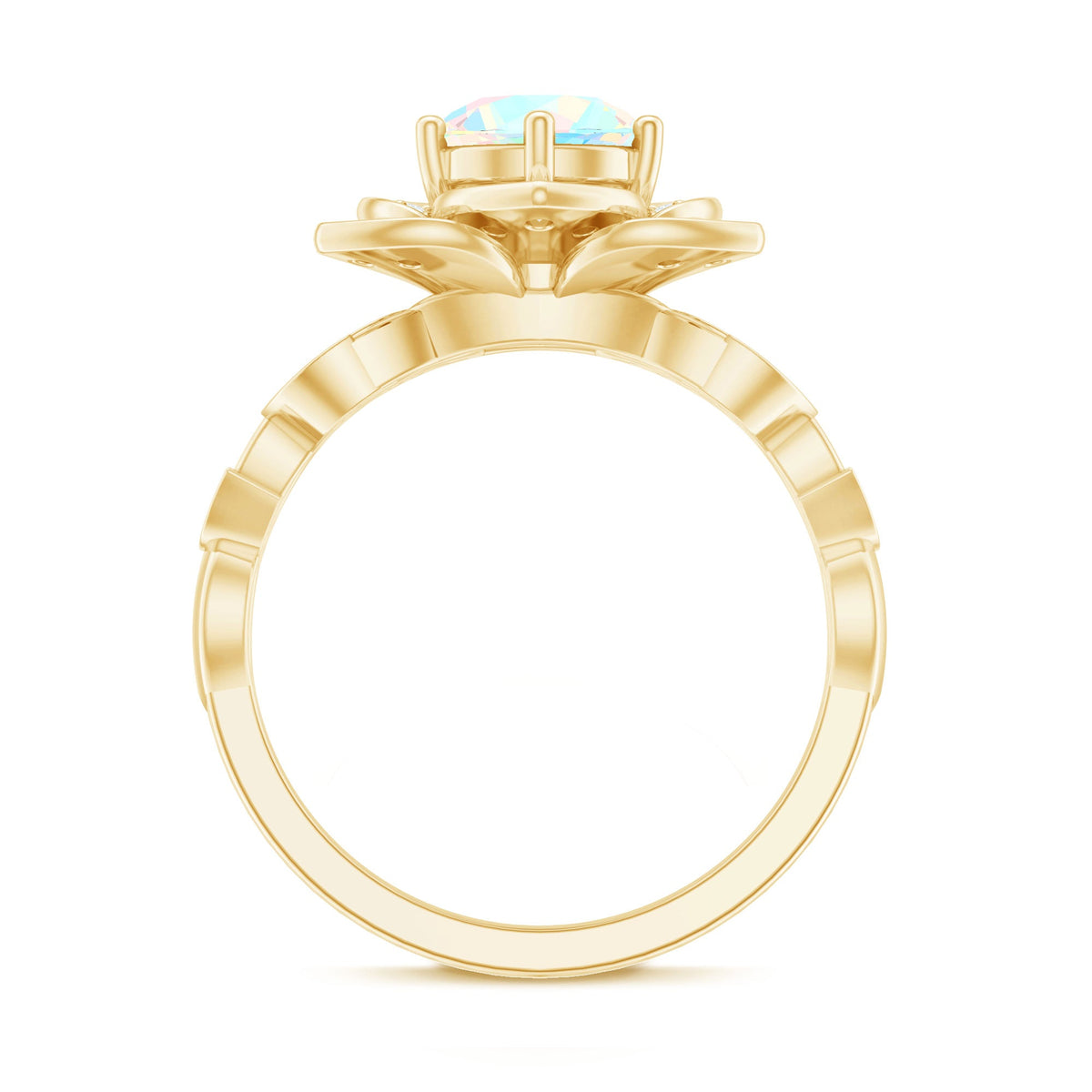 Two-carat natural Ethiopian opal flower engagement ring with diamonds, featuring intricate floral design by Rosec Jewels.