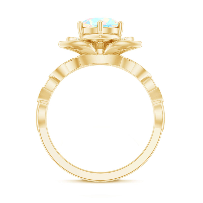 Two-carat natural Ethiopian opal flower engagement ring with diamonds, featuring intricate floral design by Rosec Jewels.