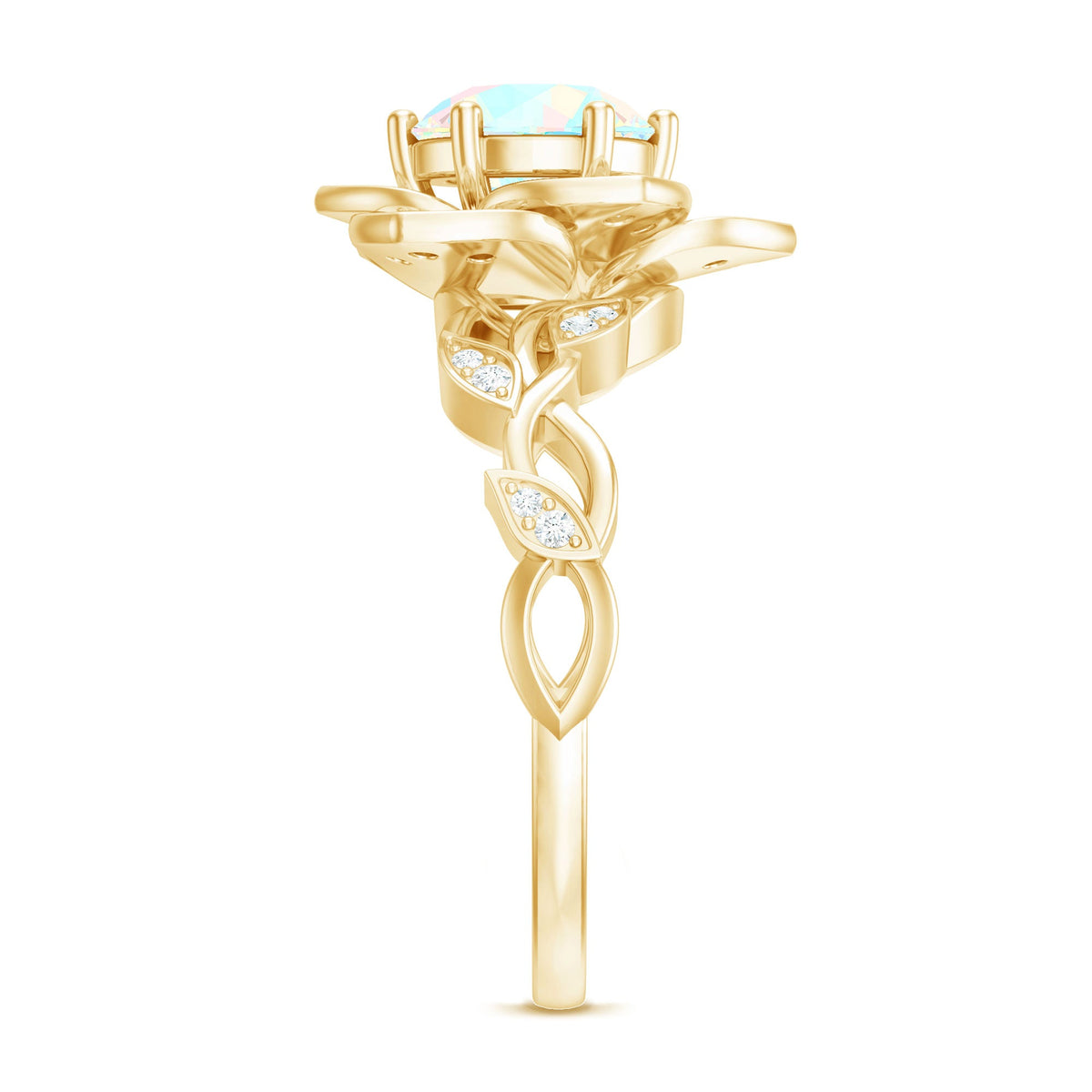 Two carat natural Ethiopian opal flower engagement ring with diamond accents, featuring Rosec Jewels' elegant jewelry design.