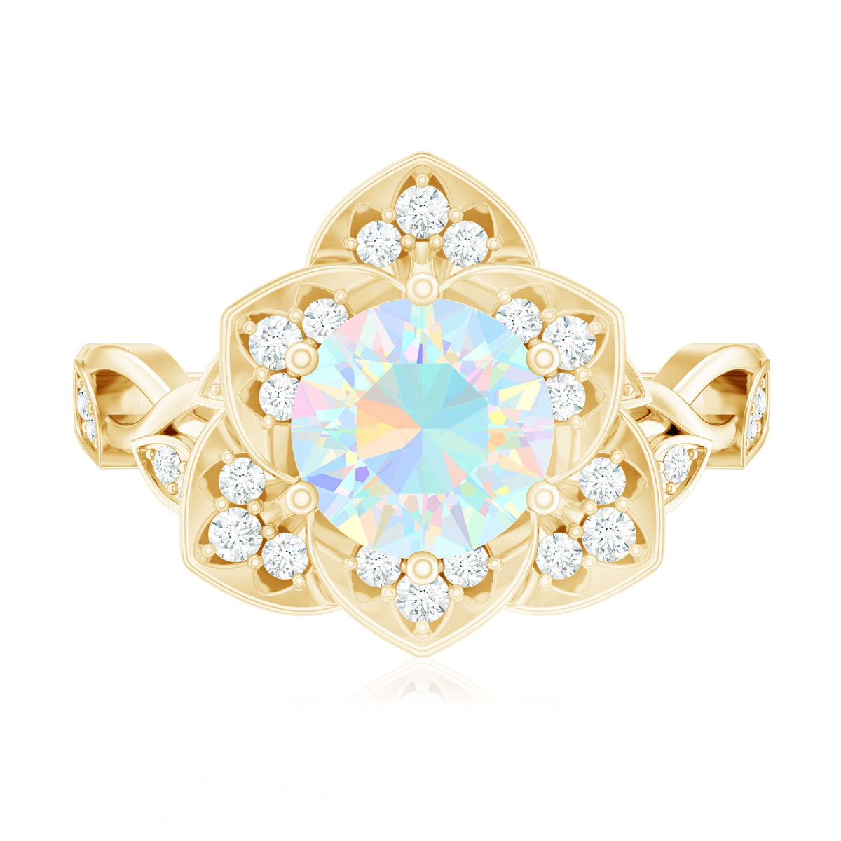 Two-carat natural Ethiopian opal flower engagement ring with diamond accents by Rosec Jewels, showcasing vibrant colors and intricate design.