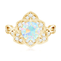 Two-carat natural Ethiopian opal flower engagement ring with diamond accents by Rosec Jewels, showcasing vibrant colors and intricate design.