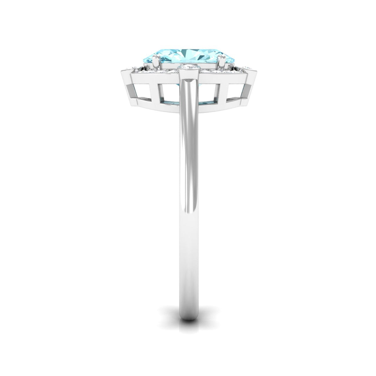 Rosec Jewels 1 Carat aquamarine oval halo engagement ring with diamond accent, showcasing elegant gemstone and intricate design.