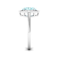 Rosec Jewels 1 Carat aquamarine oval halo engagement ring with diamond accent, showcasing elegant gemstone and intricate design.