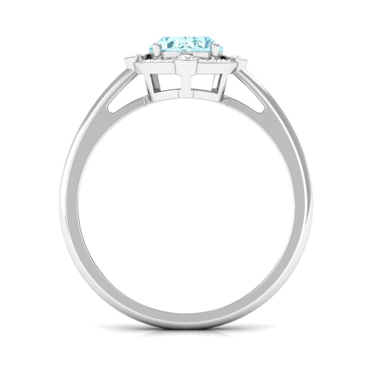 Oval 1 Carat Aquamarine engagement ring with diamond halo by Rosec Jewels, featuring a silver band and detailed craftsmanship