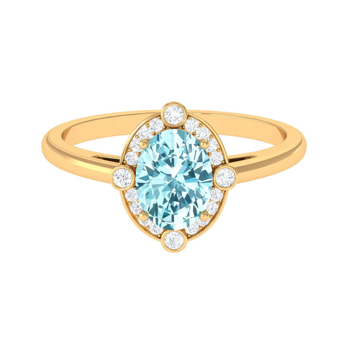 Oval 1 Carat aquamarine engagement ring with diamond halo, featuring rose gold band and intricate detailing, by Rosec Jewels.