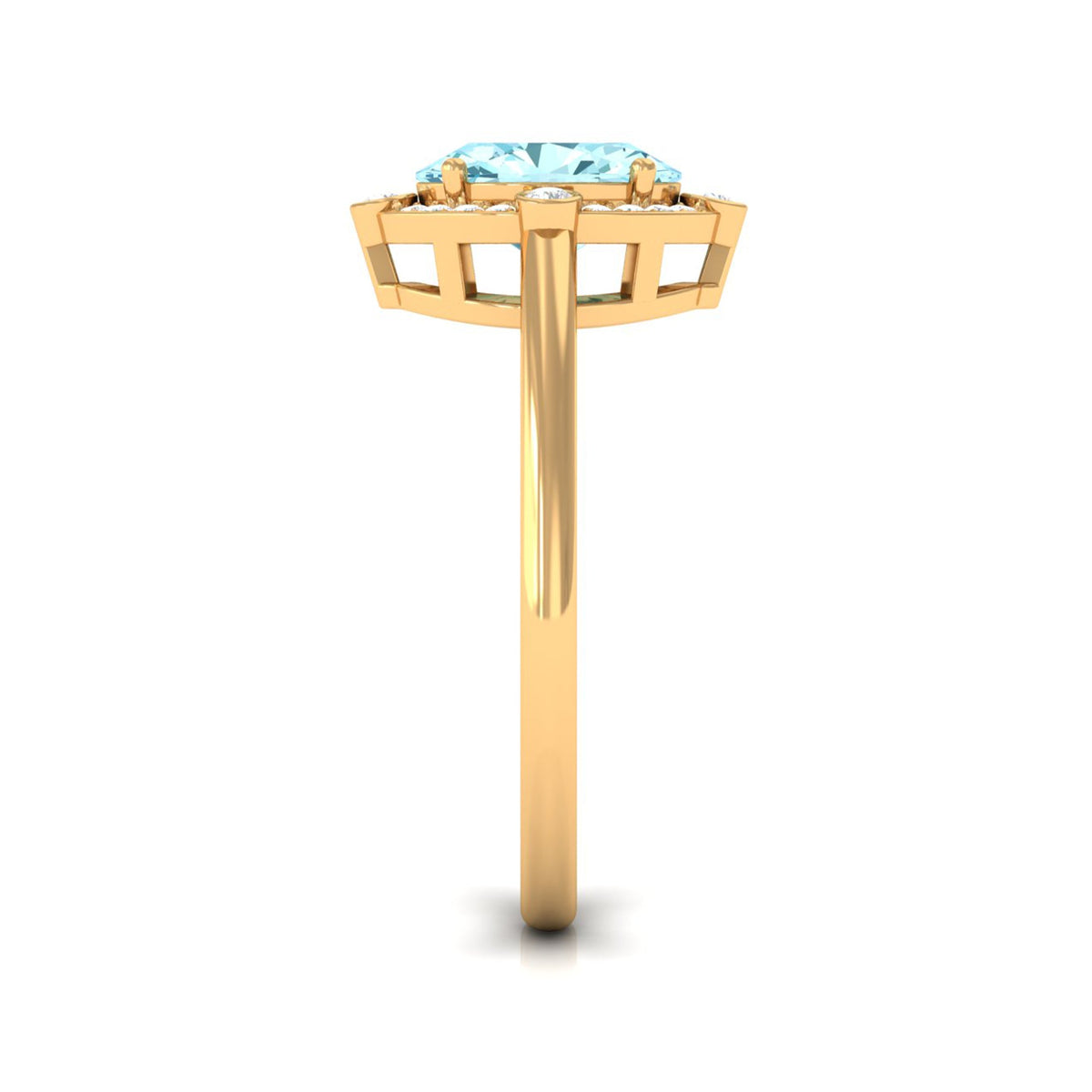 Oval aquamarine engagement ring with halo of diamonds from Rosec Jewels, featuring a 1-carat center stone and intricate band details.