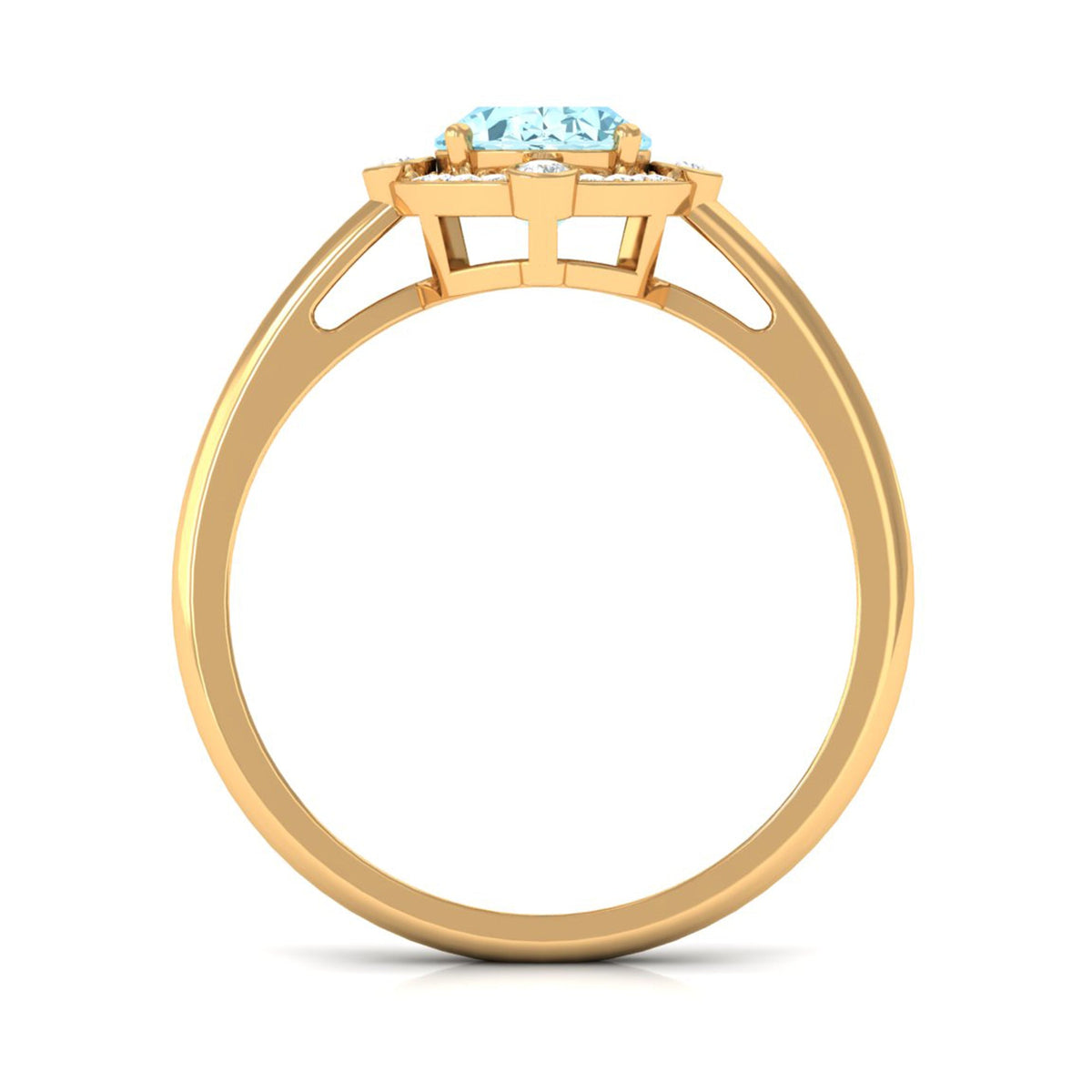 Oval 1 Carat Aquamarine engagement ring with diamond halo by Rosec Jewels featuring a silver band and intricate setting.