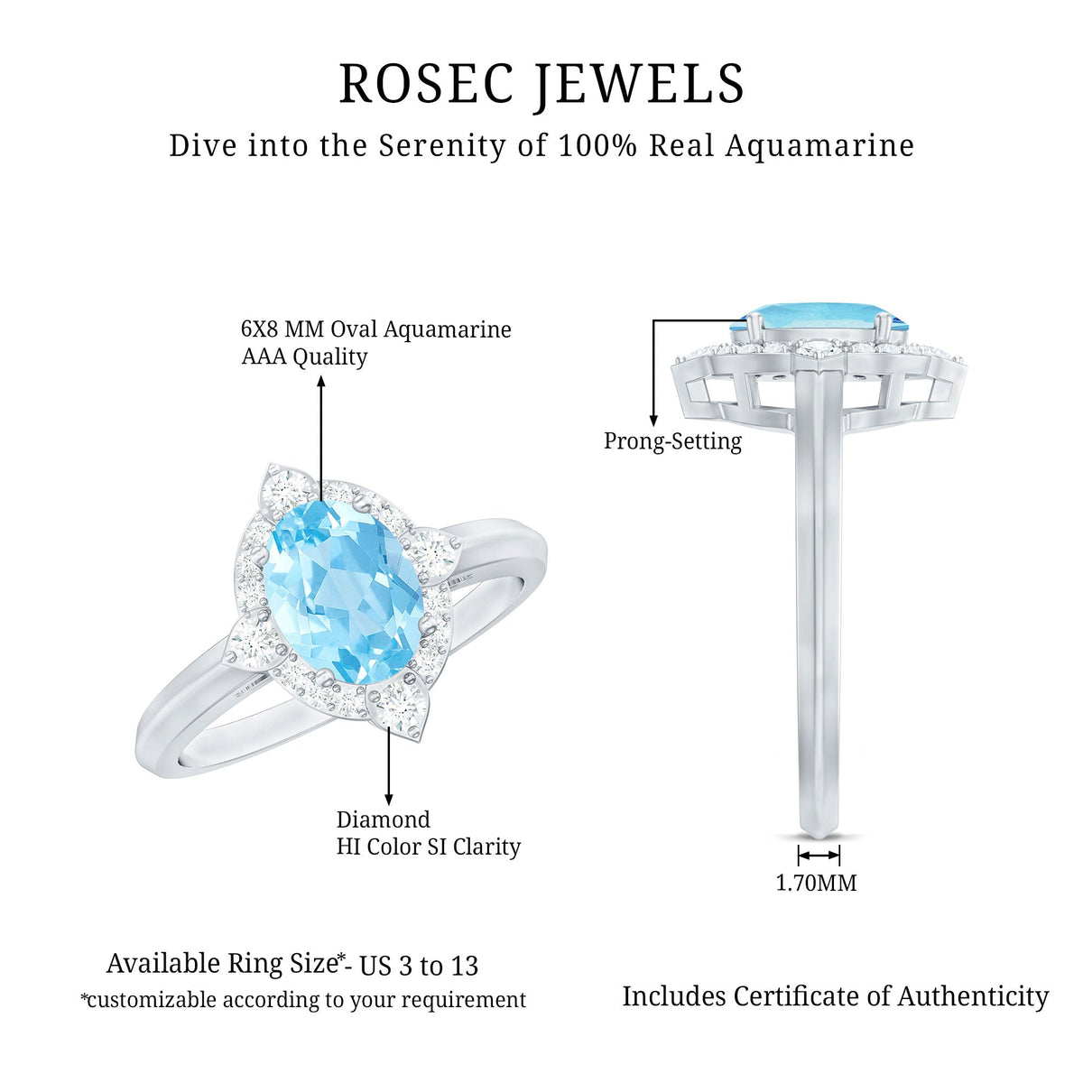 Oval engagement ring with 1 carat aquamarine and diamonds from Rosec Jewels, showcasing a sparkling gemstone setting.