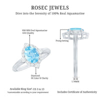 Oval engagement ring with 1 carat aquamarine and diamonds from Rosec Jewels, showcasing a sparkling gemstone setting.