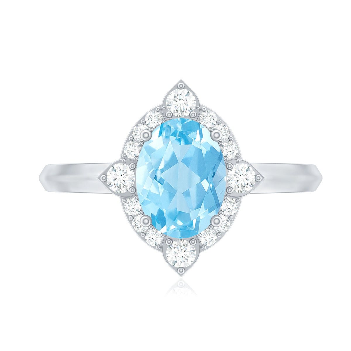 Oval engagement ring by Rosec Jewels with a 1-carat aquamarine center stone and diamond accents, showcasing elegant jewelry design.