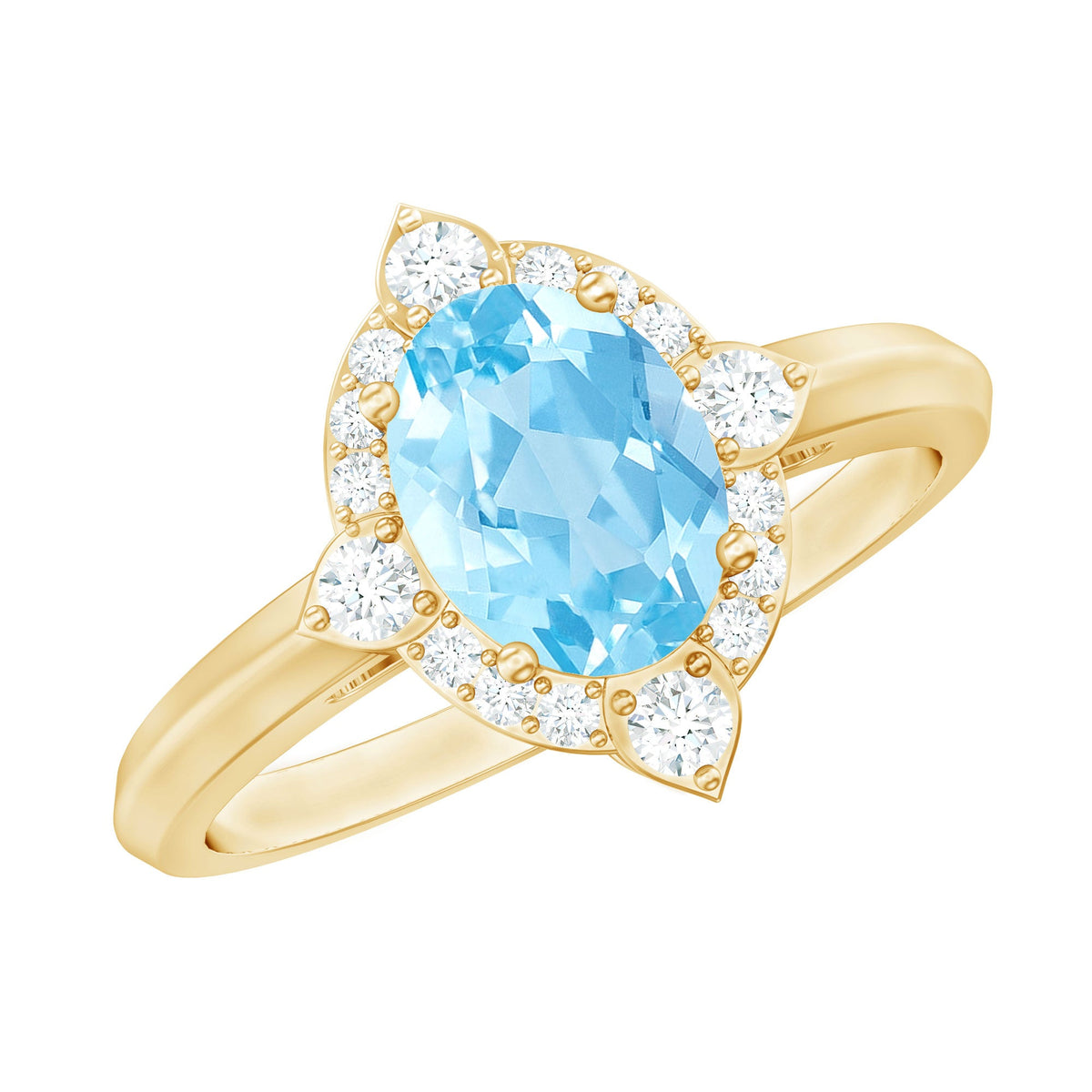 Oval engagement ring with 1 carat aquamarine center stone and diamond accents, crafted by Rosec Jewels.