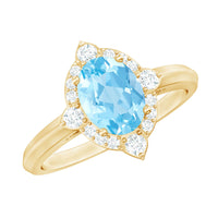 Oval engagement ring with 1 carat aquamarine center stone and diamond accents, crafted by Rosec Jewels.