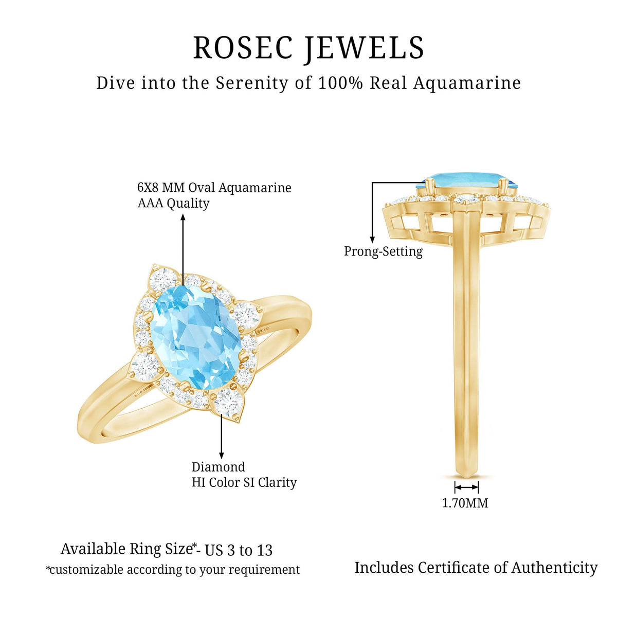 Oval engagement ring with real aquamarine and diamonds from Rosec Jewels, featuring a sleek 1-carat design and intricate detailing.