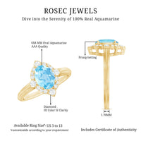Oval engagement ring with real aquamarine and diamonds from Rosec Jewels, featuring a sleek 1-carat design and intricate detailing.