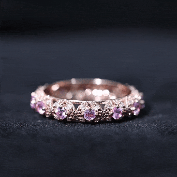 Vintage-inspired lab-grown pink sapphire and diamond wedding band by Rosec Jewels, featuring a delicate, elegant ring design.