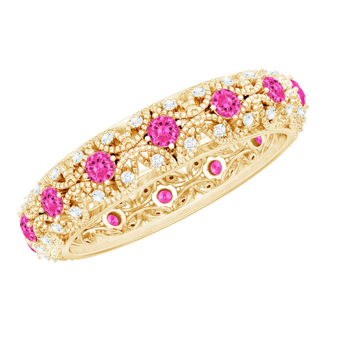 Vintage-inspired lab-grown pink sapphire and diamond wedding band from Rosec Jewels, featuring intricate design and sparkling gemstones.