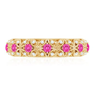 Vintage Inspired Lab Grown Pink Sapphire and Diamond Wedding Band