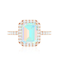 Genuine 6X8mm Ethiopian Opal Emerald Cut Engagement Ring with Diamond Halo