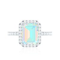 Genuine 6X8mm Ethiopian Opal Emerald Cut Engagement Ring with Diamond Halo
