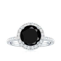 8mm Round Shape Black Onyx Engagement Ring with Diamond Halo