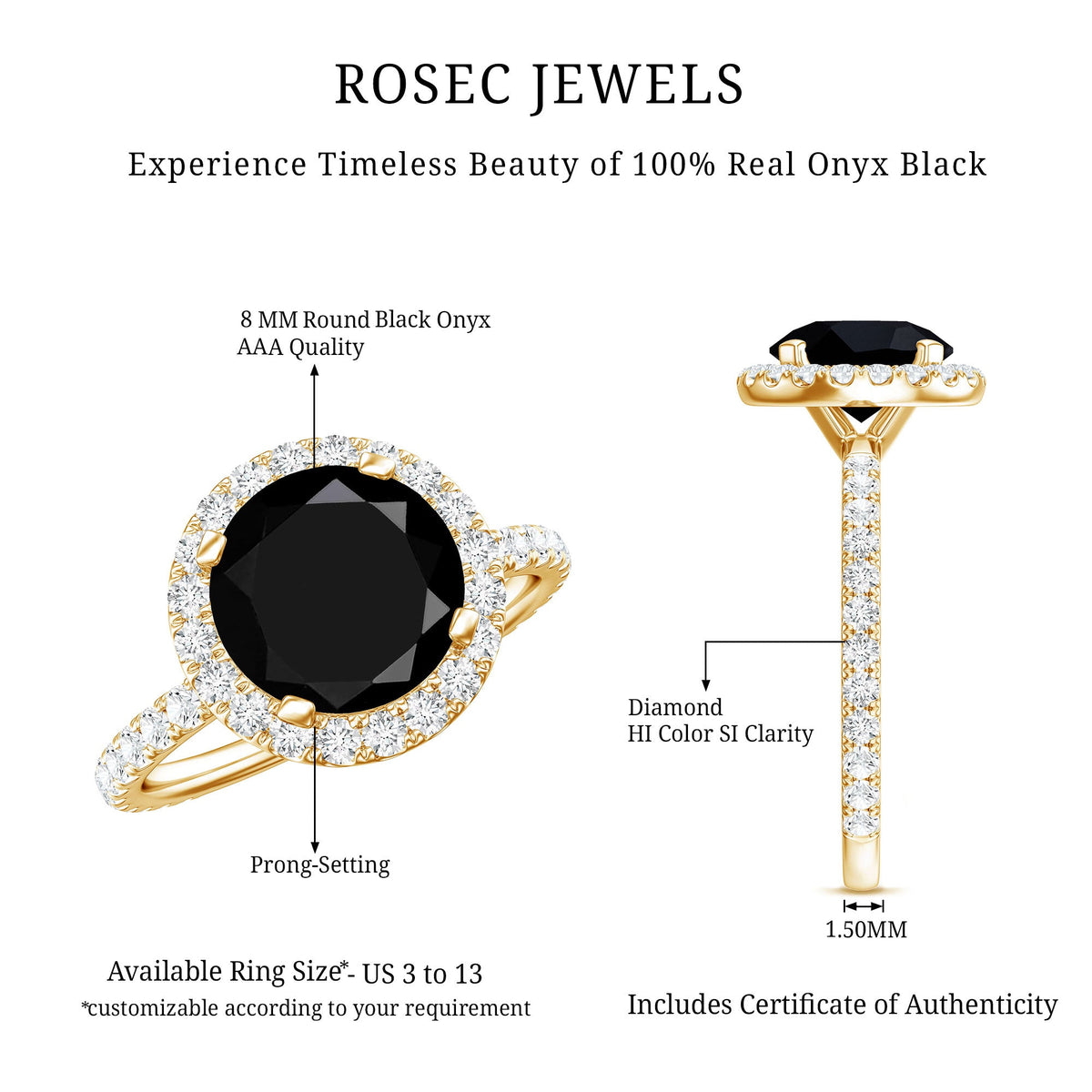 8mm Round Shape Black Onyx Engagement Ring with Diamond Halo