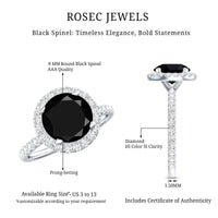 Natural Black Spinel Engagement Ring with Diamond Halo