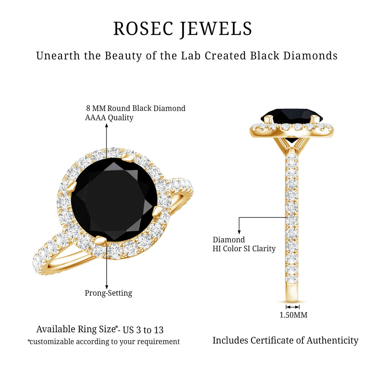 Certified 2 Carat Lab Grown Black and White Diamond Engagement Ring with Halo