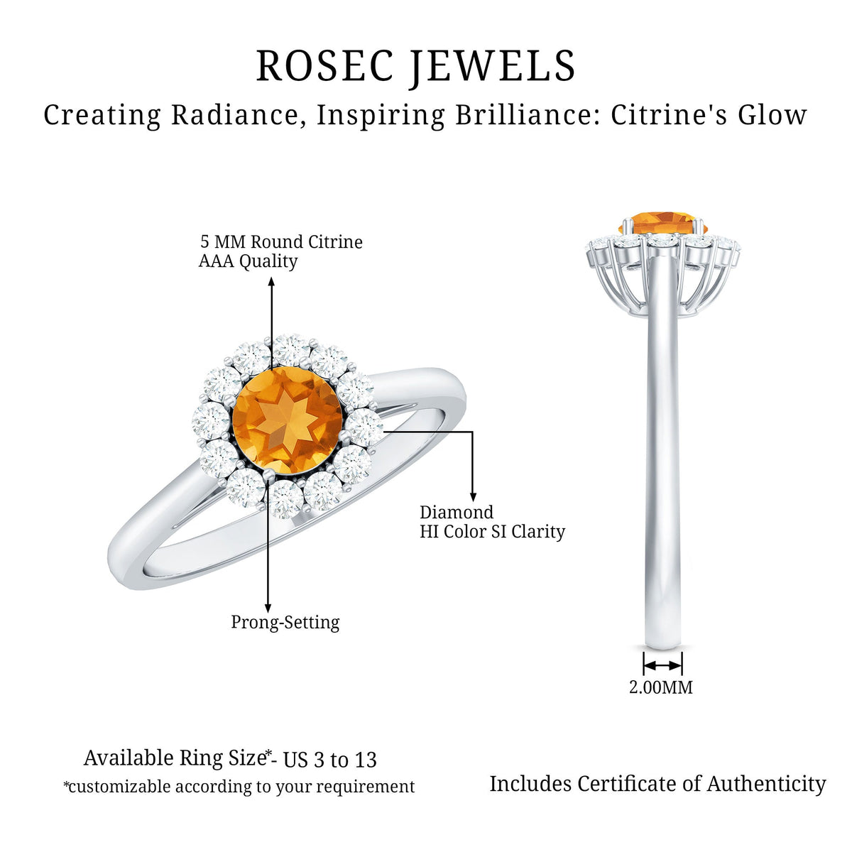 Natural citrine promise ring with diamond halo by Rosec Jewels, showcasing a gold band and sparkling gemstone setting.