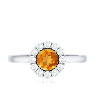 Natural citrine promise ring with diamond halo, featuring a gold band and intricate detailing, by Rosec Jewels.