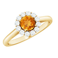 Natural citrine promise ring with diamond halo from Rosec Jewels, featuring a gold band and intricate detailing.
