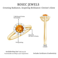 Natural citrine promise ring with diamond halo, featuring a gold band and intricate detailing, by Rosec Jewels.