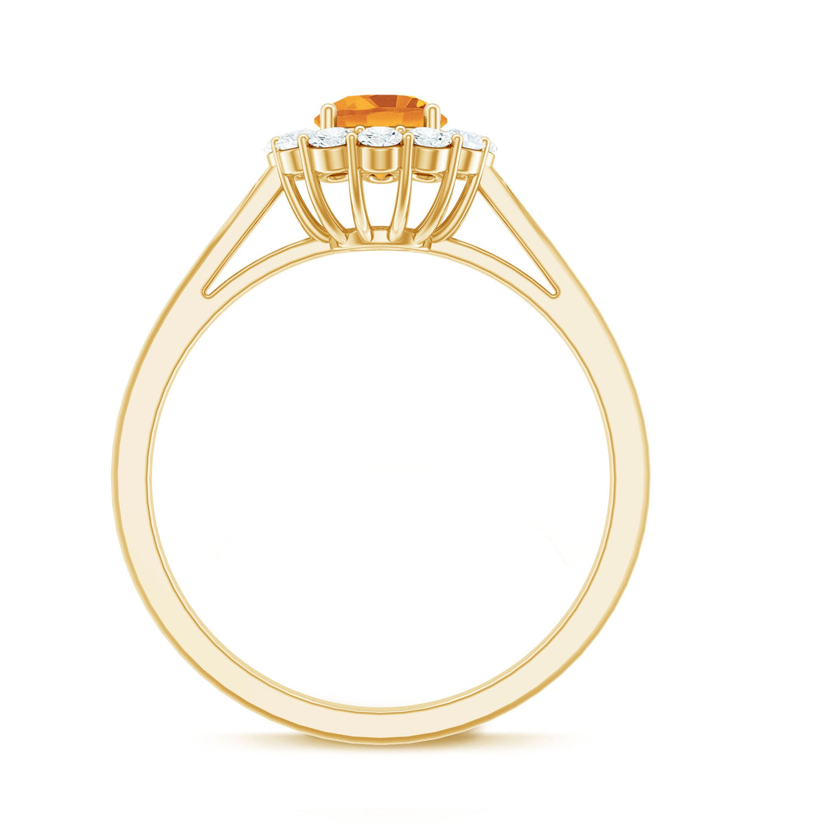 Natural citrine promise ring with diamond halo by Rosec Jewels, showcasing a gold band and sparkling gemstone setting.