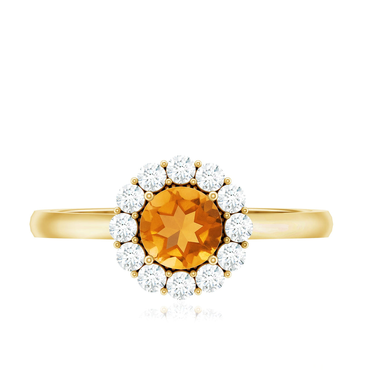 Natural citrine promise ring with diamond halo from Rosec Jewels, showcasing a gold band and sparkling gemstone setting.