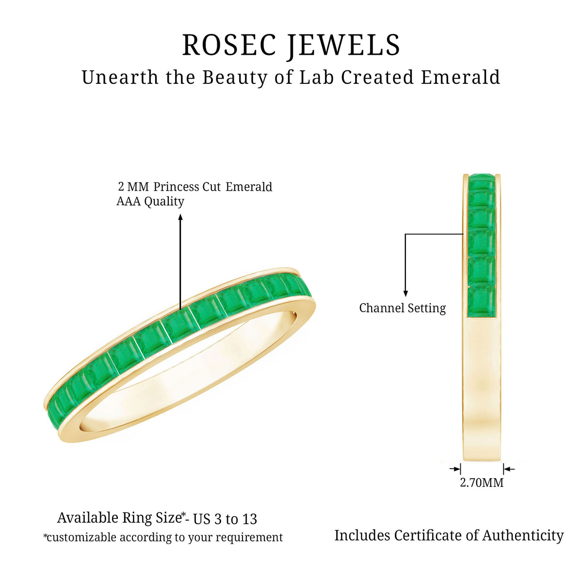 Real Emerald Princess Cut Half Eternity Ring