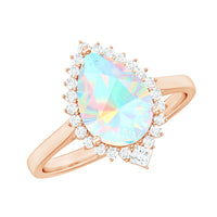 Certified Real 8X10mm Ethiopian Rainbow Opal Teardrop Engagement Ring with Diamond Halo