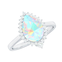 Certified Real 8X10mm Ethiopian Rainbow Opal Teardrop Engagement Ring with Diamond Halo
