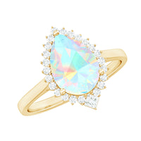 Certified Real 8X10mm Ethiopian Rainbow Opal Teardrop Engagement Ring with Diamond Halo