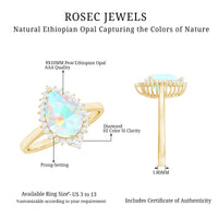 Certified Real 8X10mm Ethiopian Rainbow Opal Teardrop Engagement Ring with Diamond Halo