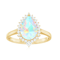 Certified Real 8X10mm Ethiopian Rainbow Opal Teardrop Engagement Ring with Diamond Halo