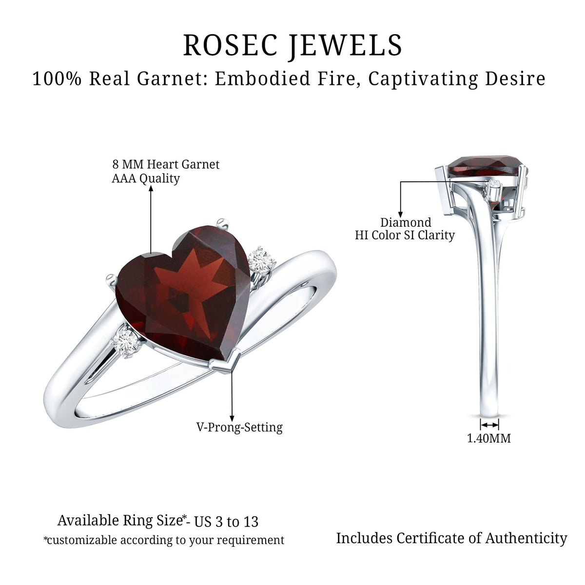 Genuine 8mm Garnet Heart Shaped Engagement Ring with Diamond