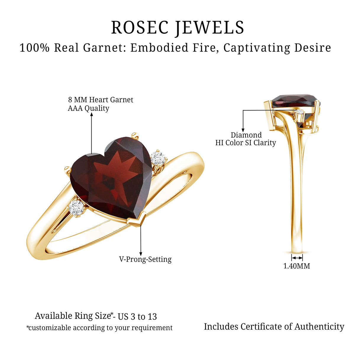 Genuine 8mm Garnet Heart Shaped Engagement Ring with Diamond