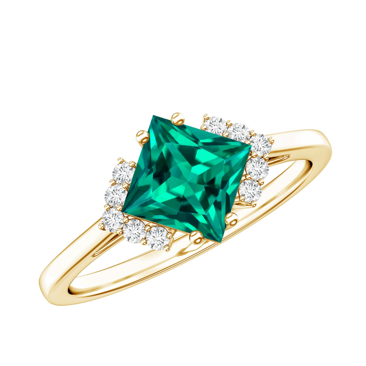 Certified 8 mm Lab Grown Emerald Princess Cut Engagement Ring with Diamond
