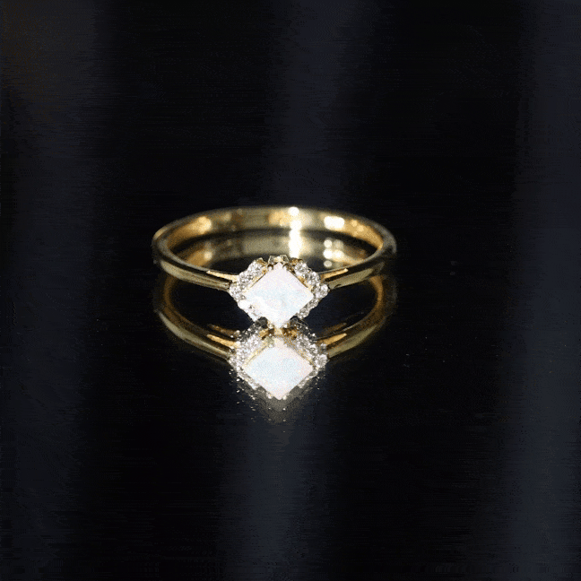 Natural Ethiopian opal princess cut engagement ring with diamond accents, crafted by Rosec Jewels, showcasing a stunning ring design.