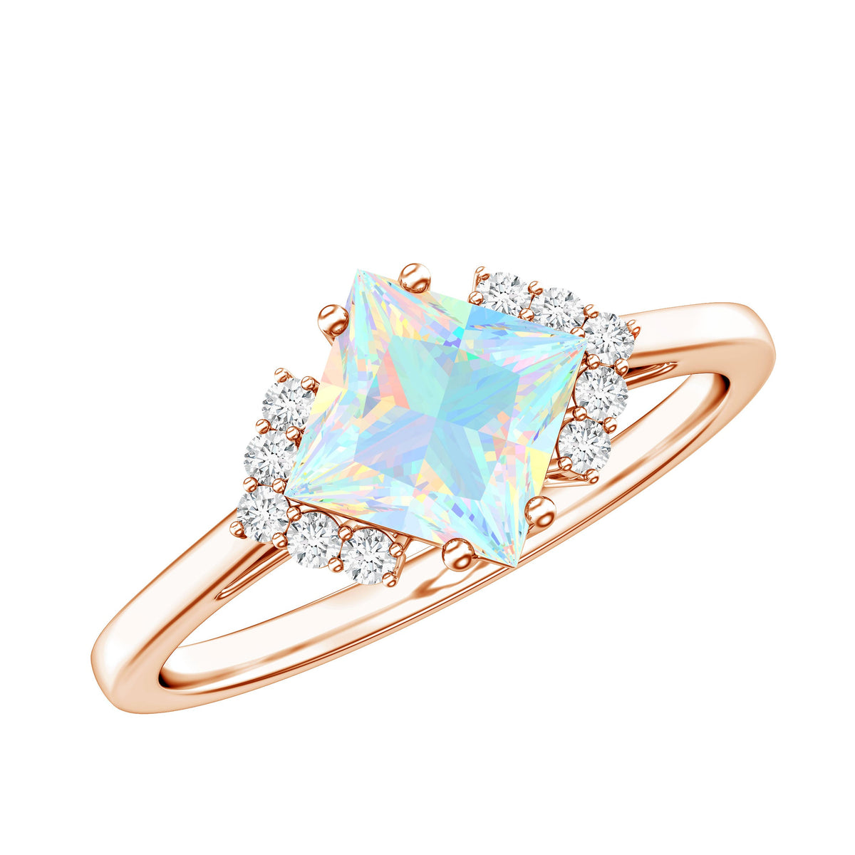 Natural Ethiopian Opal princess cut engagement ring with diamond accents, featuring a rose gold band from Rosec Jewels.